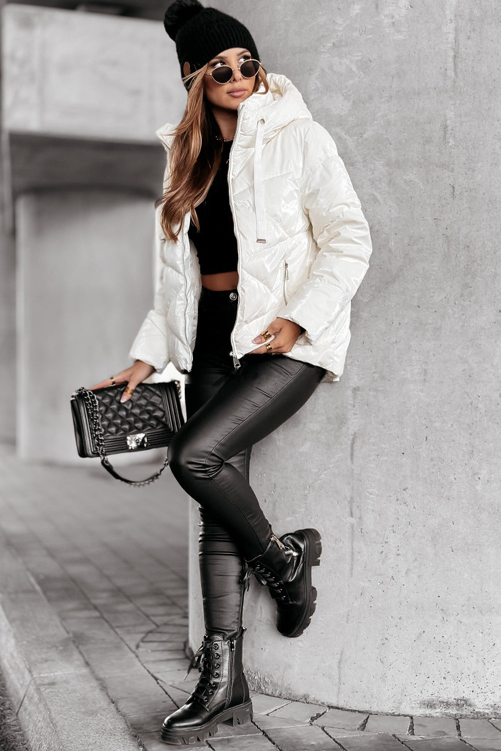 White Solid Quilted Hooded Zip Up Puffer Coat-Bella Boutique Collective