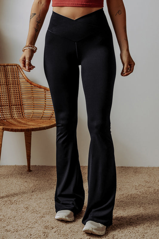 Black V Shape High Waist Flared Leggings-Bella Boutique Collective