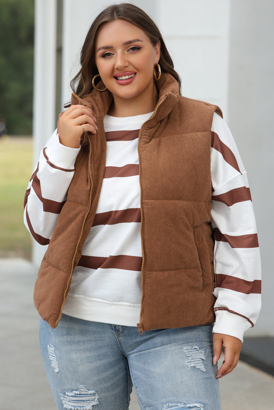 Coffee Corduroy Stand Neck Zipped Puffer Vest-Bella Boutique Collective