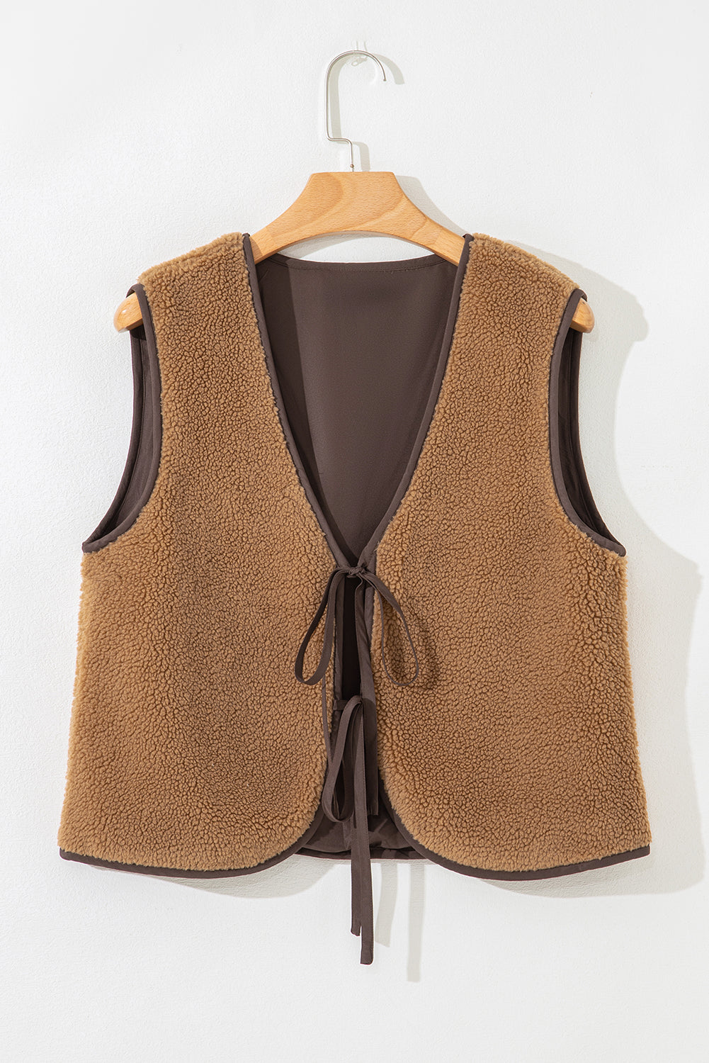 Light French Beige Contrast Trim Tie Front Sherpa Vest-Bella Boutique Collective