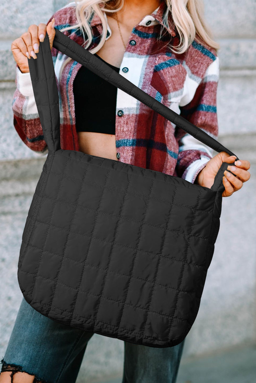 Black Quilted Zipper Large Shoulder Bag-Bella Boutique Collective