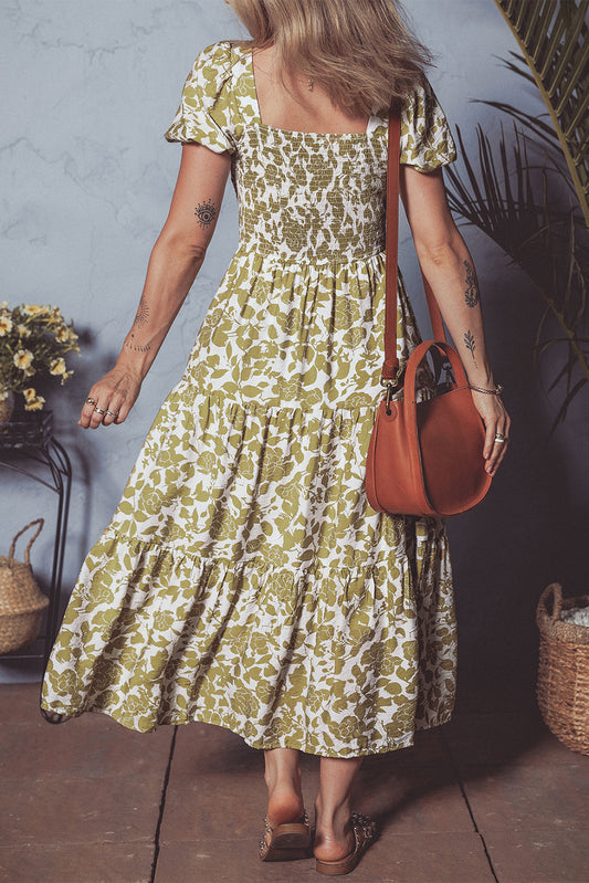 Yellow Boho Floral Square Neck Smocked Bust Puff Sleeve Tiered Long Dress-Bella Boutique Collective