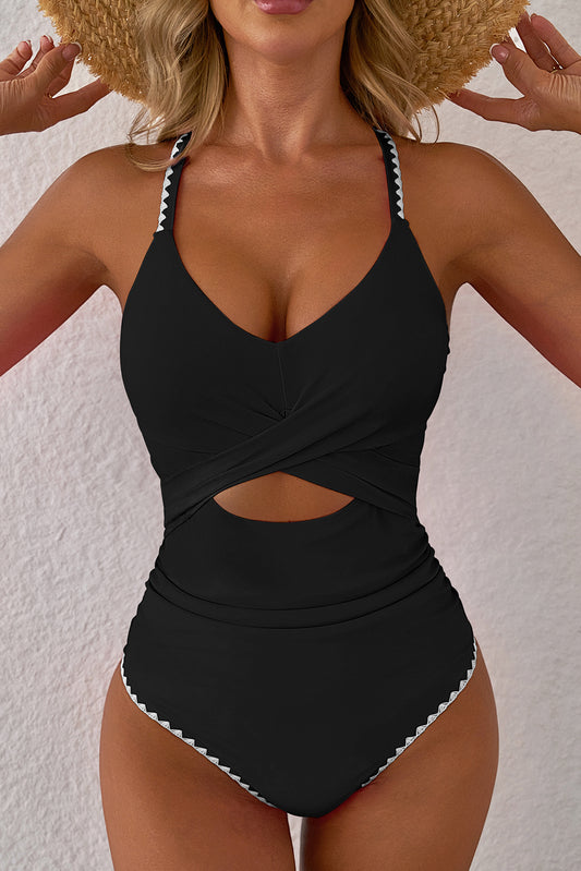Black Ric Rac Trim Contrasted Patchwork Cutout One Piece Swimsuit-Bella Boutique Collective
