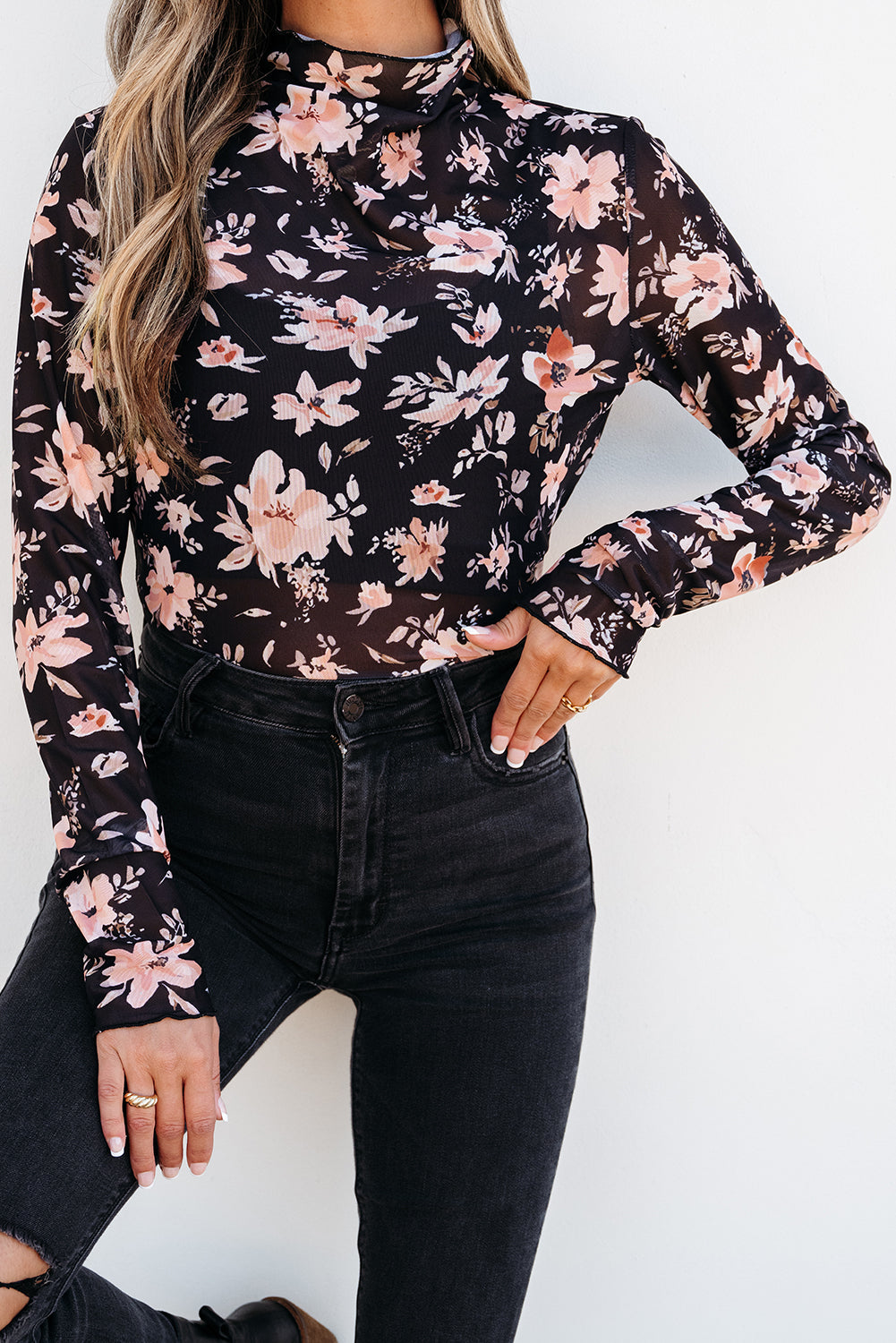 Black Floral Mesh Mock Neck Long Sleeve Slim Fit Top-Bella Boutique Collective