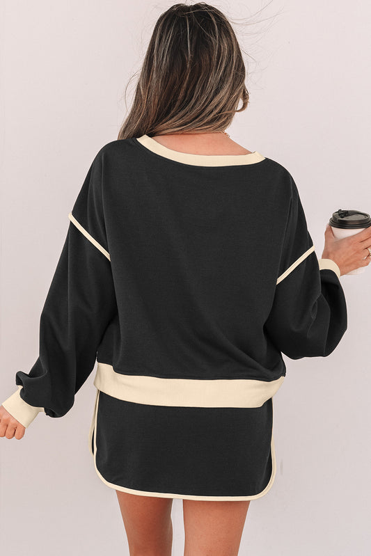 Black Color Contrast Loose Pullover and Lace-up Waist Skort Set-Bella Boutique Collective