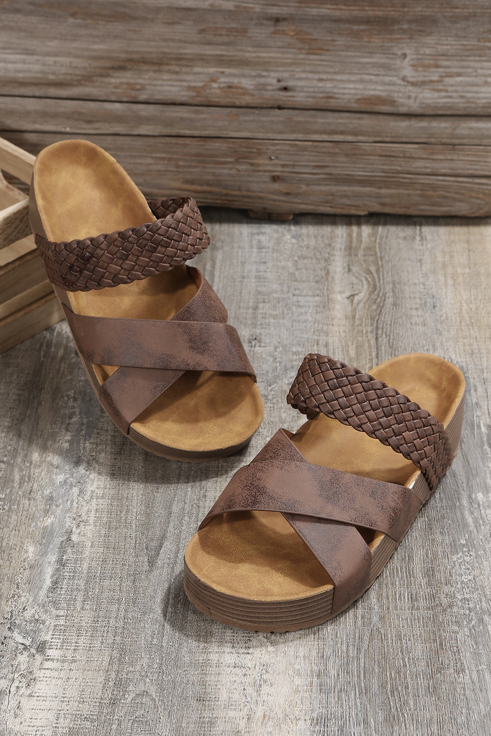 Brown Braided Detail Criss Cross Platform Slippers-Bella Boutique Collective