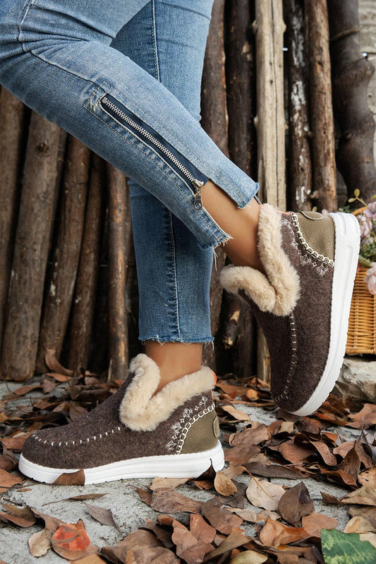Coffee Suede Stitching Patchwork Plush Lined Anklet Boots-Bella Boutique Collective