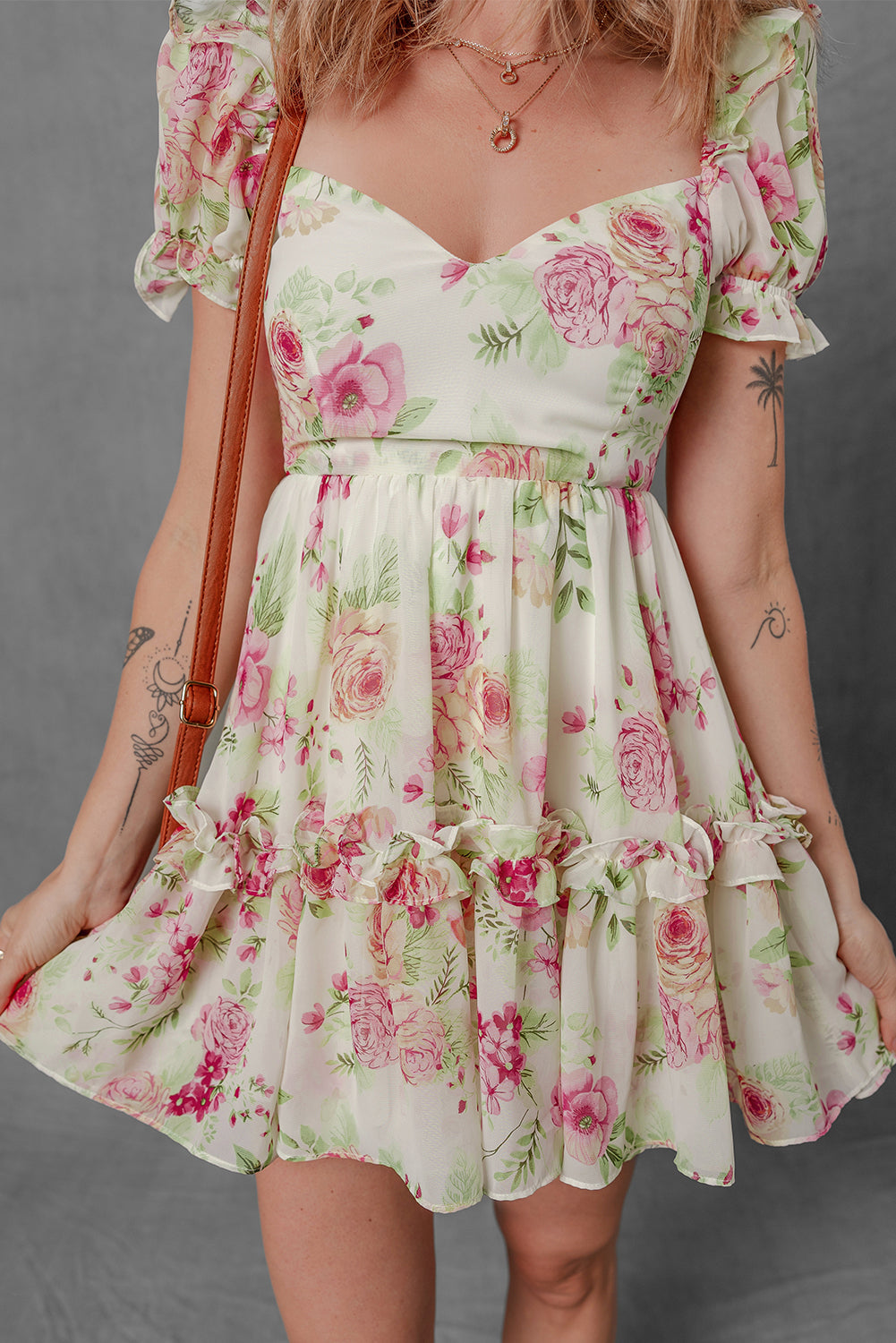 White Vibrant Floral Bubble Sleeve Sweetheart Neck Ruffle Mini Dress-Bella Boutique Collective