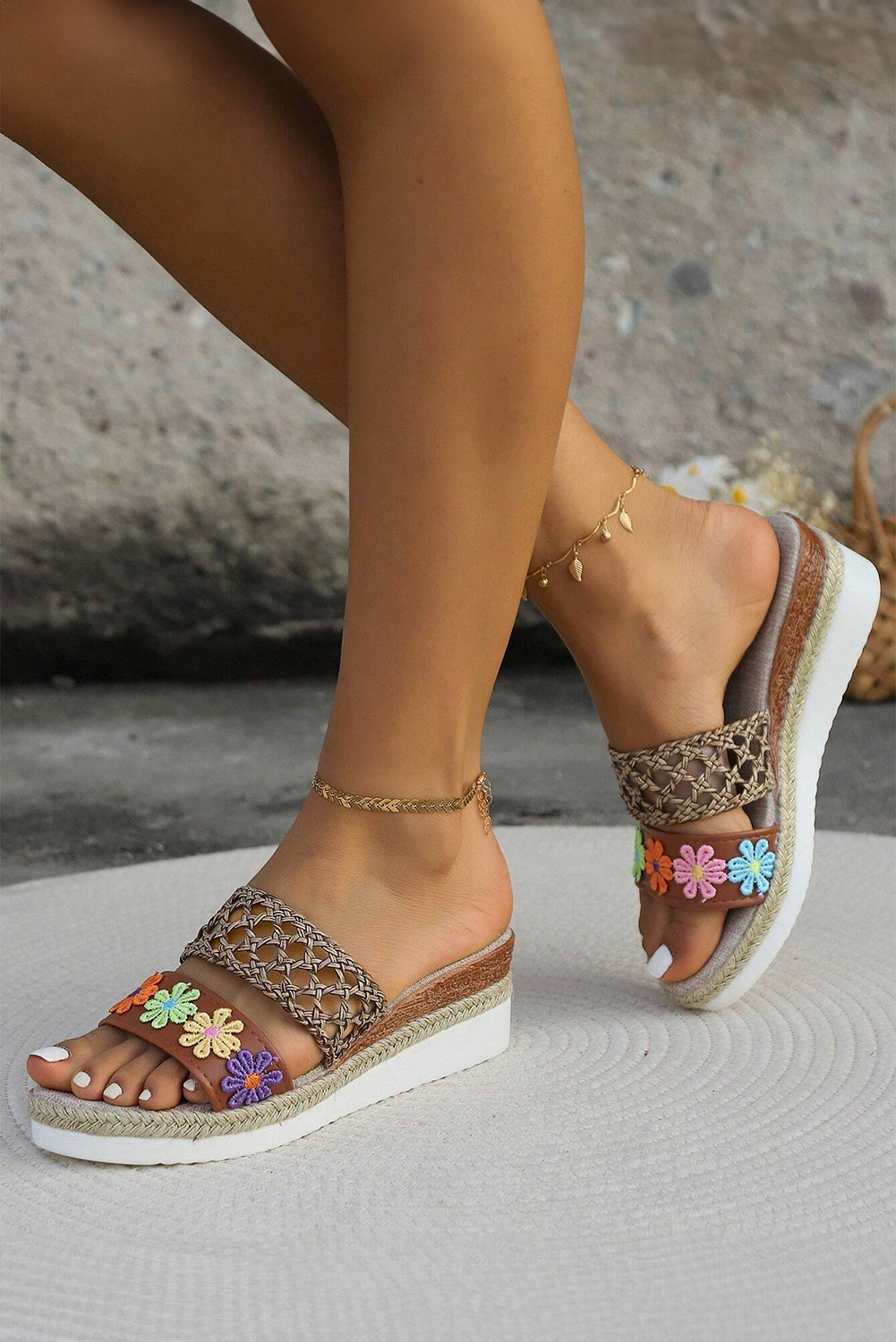 White Floral Print Braided Details Wedge Slippers-Bella Boutique Collective