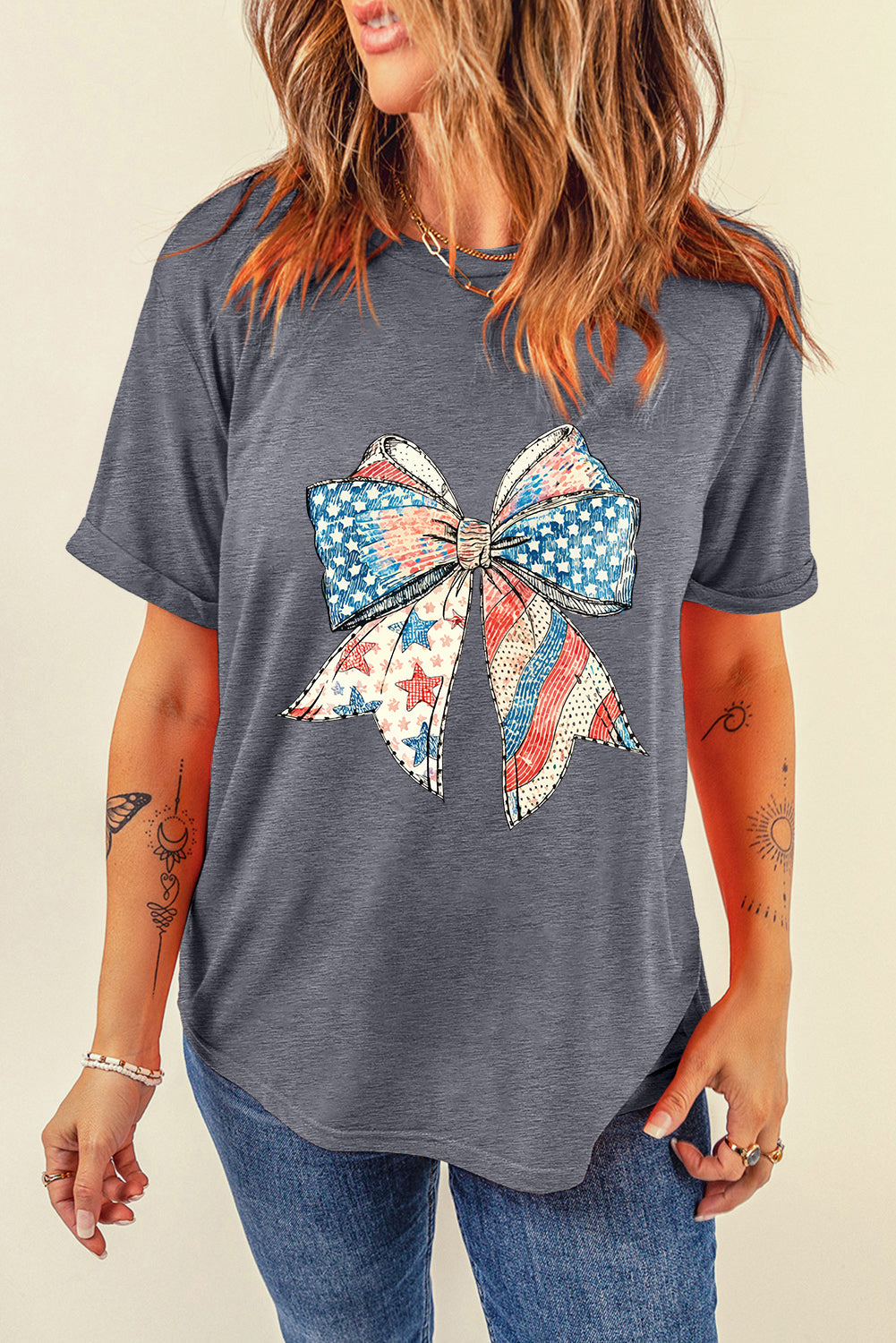 Gray US Flag Bow Print Round Neck Loose T Shirt-Bella Boutique Collective