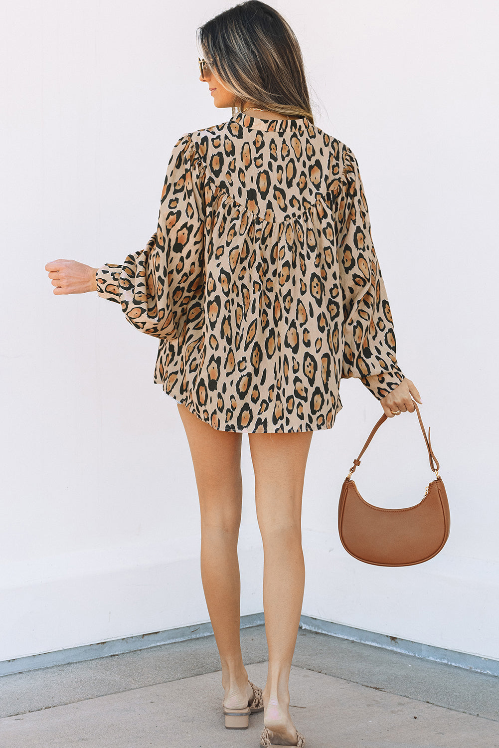 Light French Beige Oversized Leopard Print Balloon Sleeve Casual Shirt-Bella Boutique Collective