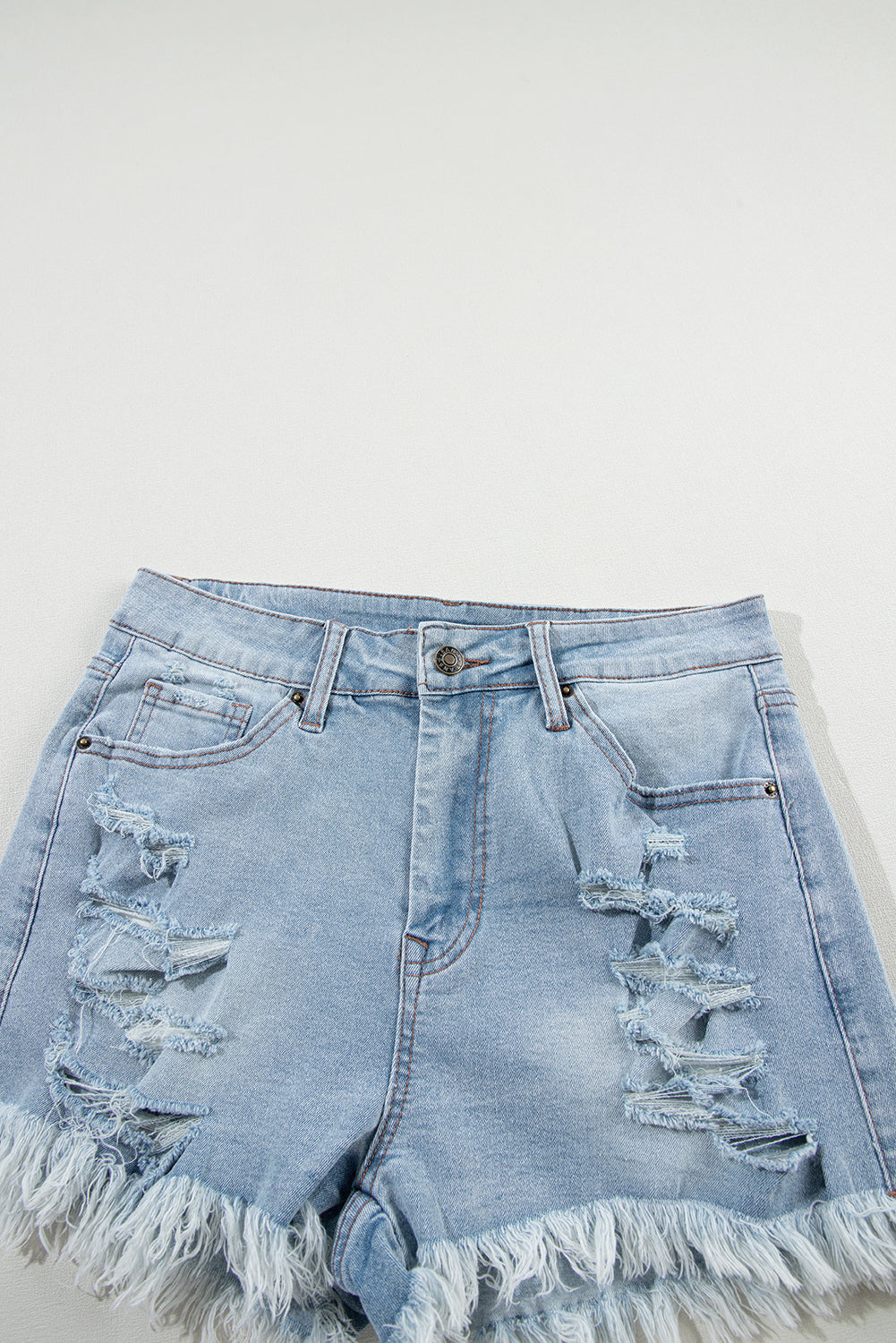 Light Blue Distressed Ripped Raw Hem High Waist Denim Shorts-Bella Boutique Collective