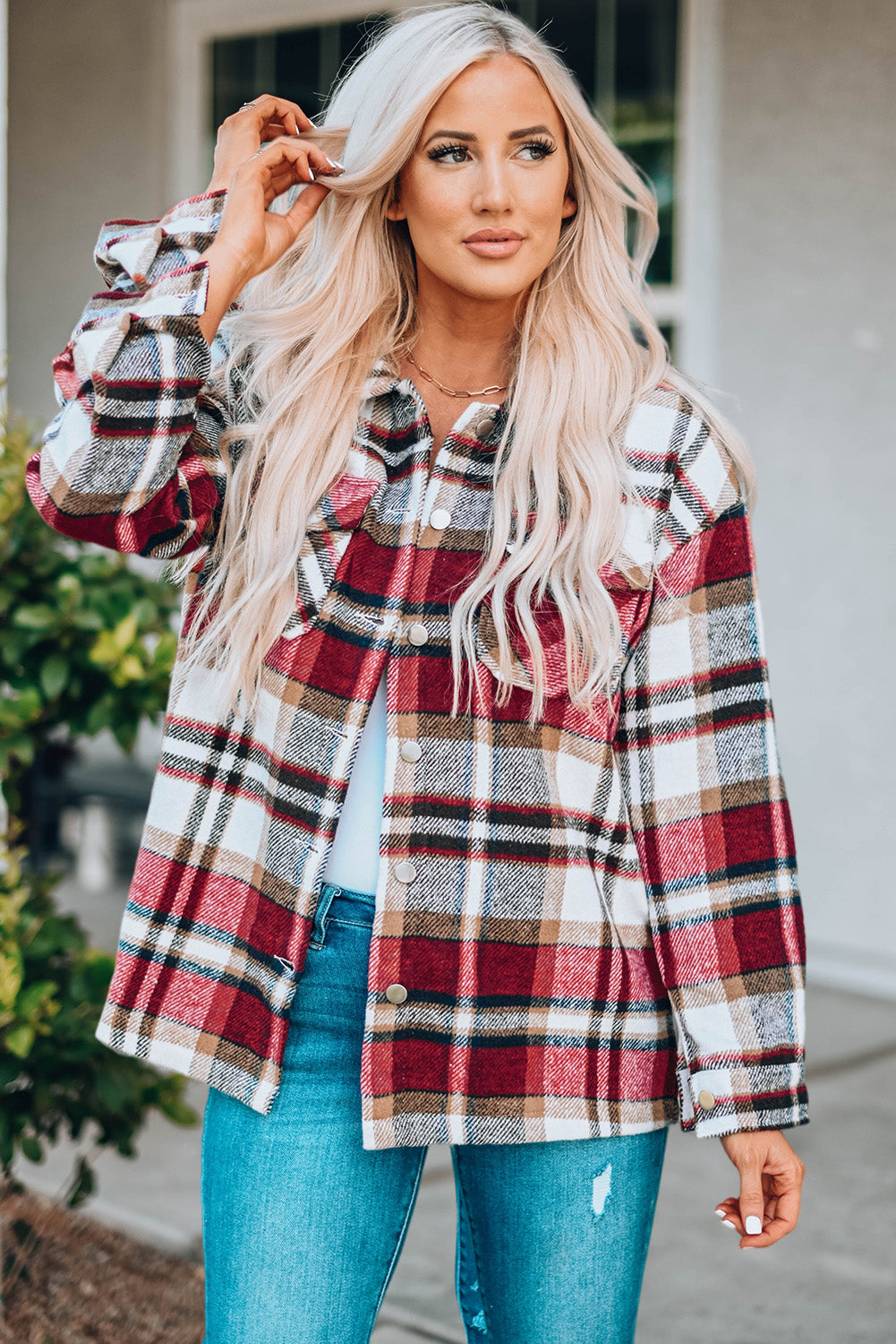 Fiery Red Geometric Plaid Print Pocketed Shacket-Bella Boutique Collective