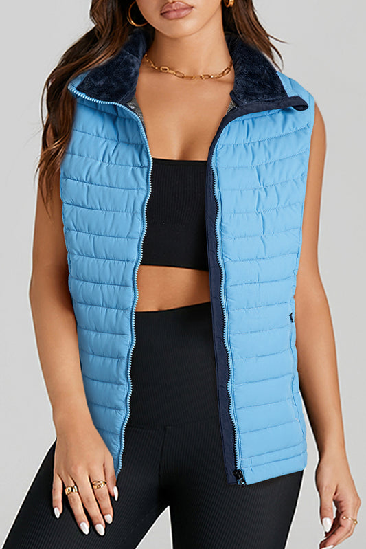 Sky Blue Plush Collared Quilted Zipped Puffer Vest-Bella Boutique Collective