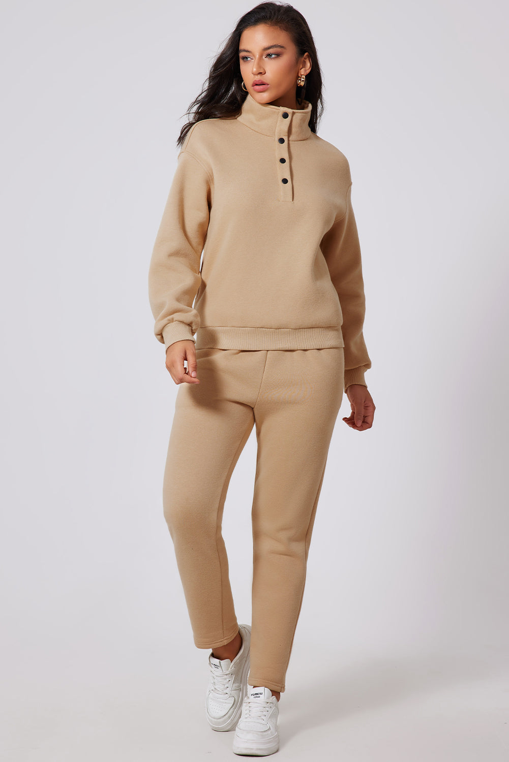 Parchment Solid Half Button Sweatshirt and High Waist Sweatpants Set-Bella Boutique Collective