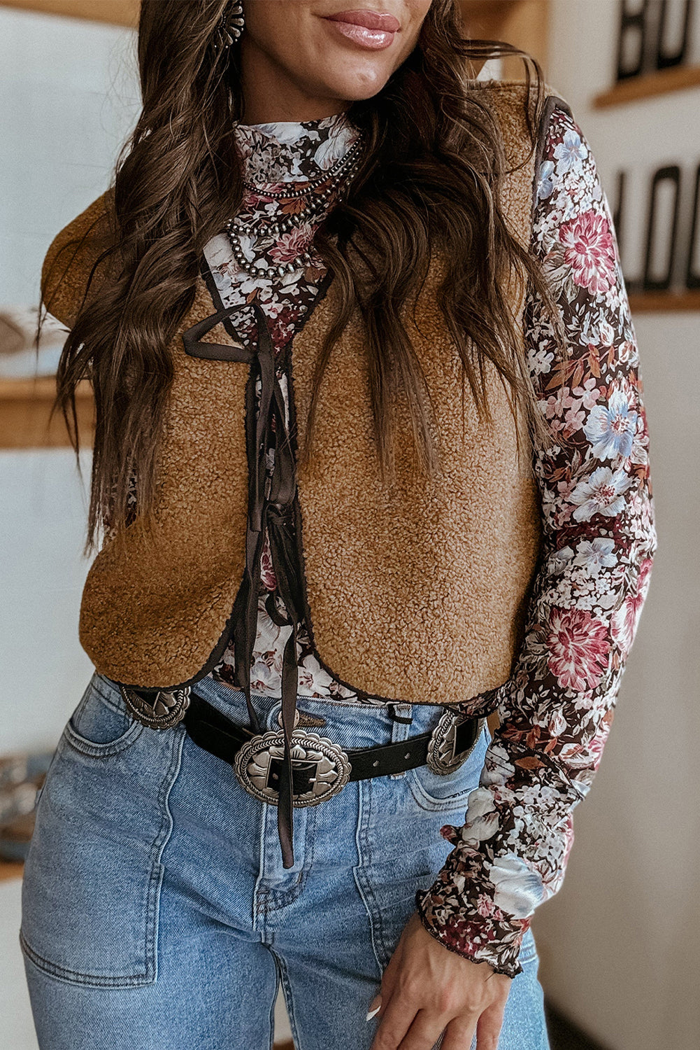 Light French Beige Contrast Trim Tie Front Sherpa Vest-Bella Boutique Collective